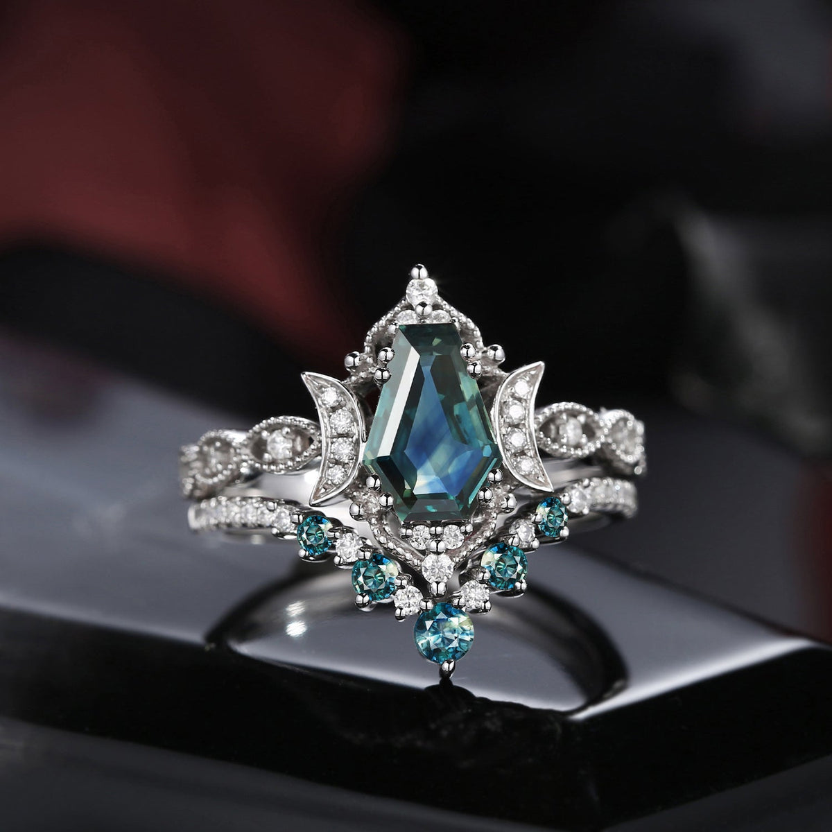 'Till Death Do Us Part' - Unique Coffin Cut Natural Teal Sapphire Crescent Moon Engagement Ring Set