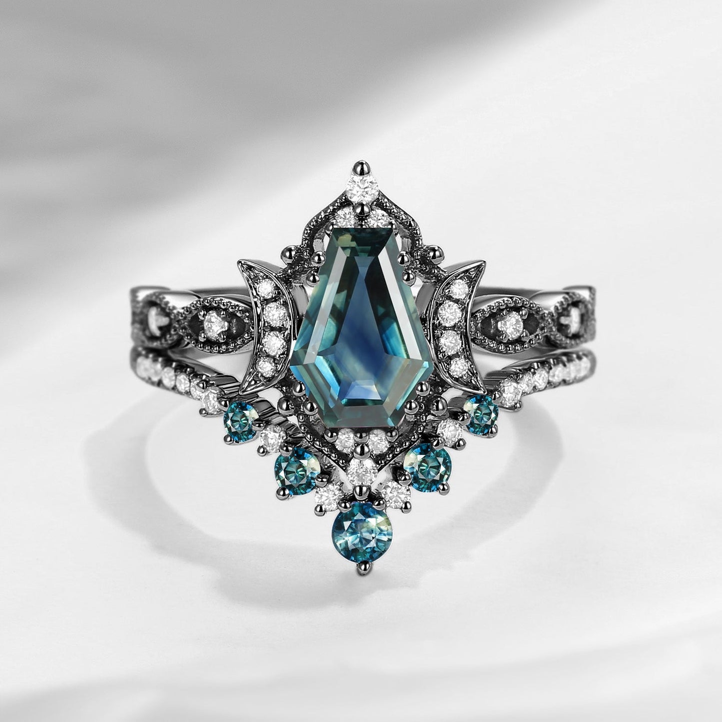 'Till Death Do Us Part' - Unique Coffin Cut Natural Teal Sapphire Crescent Moon Engagement Ring Set