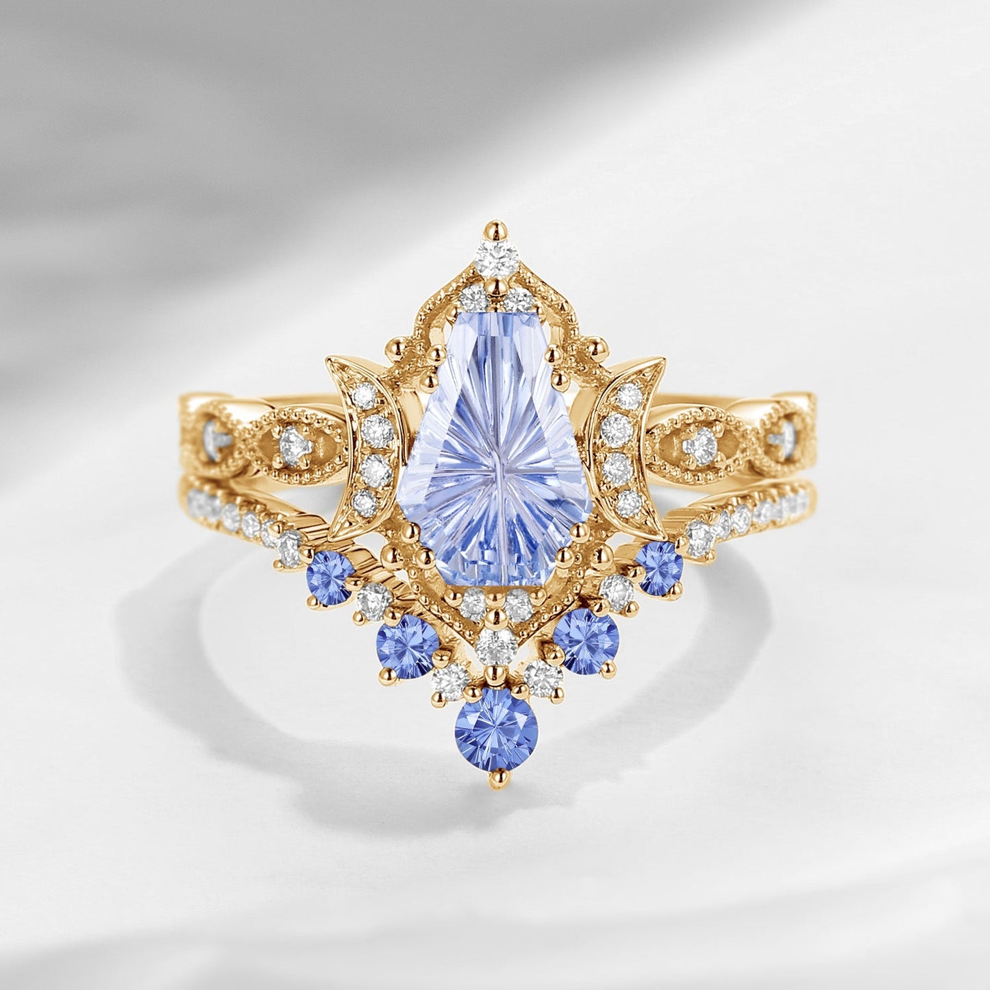 'Till Death Do Us Part' - Fantasy Cut Gems Coffin Lab Cornflower Sapphire Crescent Moon Ring Set