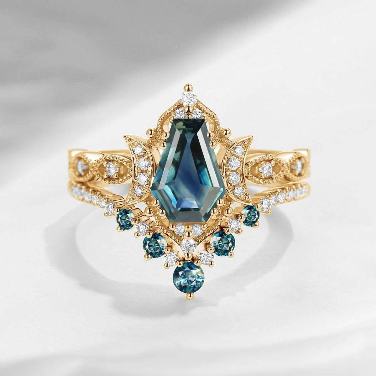 'Till Death Do Us Part' - Unique Coffin Cut Natural Teal Sapphire Crescent Moon Engagement Ring Set