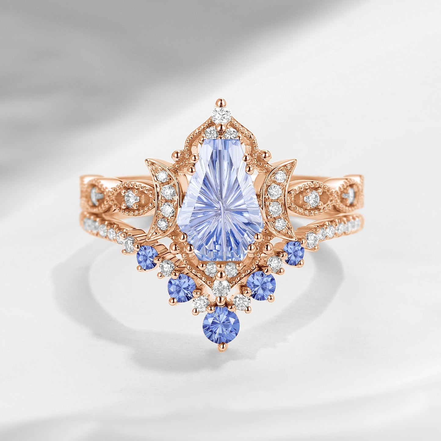 'Till Death Do Us Part' - Fantasy Cut Gems Coffin Lab Cornflower Sapphire Crescent Moon Ring Set