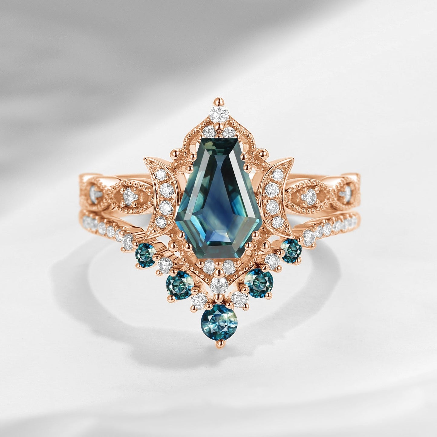 'Till Death Do Us Part' - Unique Coffin Cut Natural Teal Sapphire Crescent Moon Engagement Ring Set
