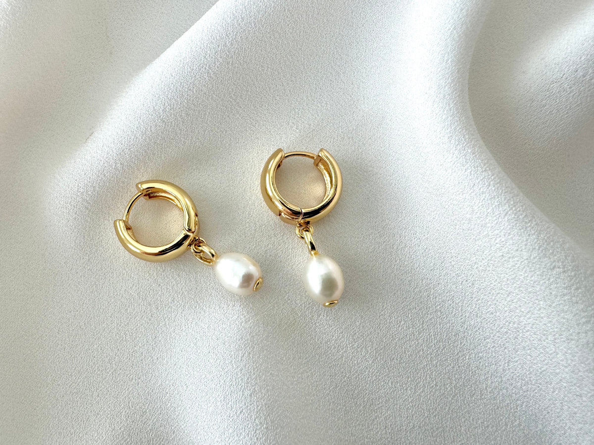 Chunky Gold Filled Hoop Huggies with Pearl Dangle Drops - June Birthstone
