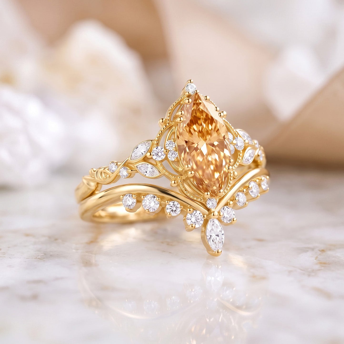 Luminous Reverie - Marquise Champagne Moissanite Leaf Vintag Engagement Ring Sets 2pcs - Calliope