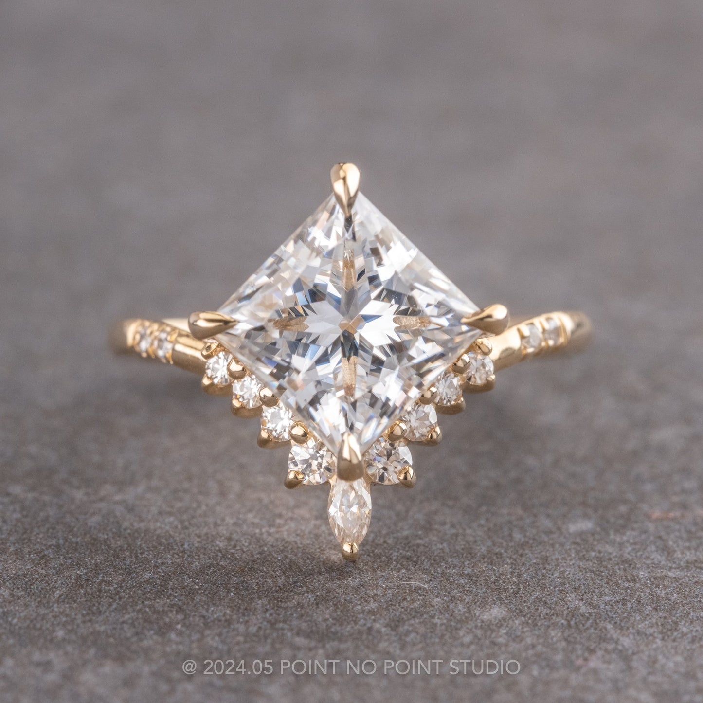 1.91 Carat Princess Cut Moissanite and Diamond Engagement Ring, Flora Setting