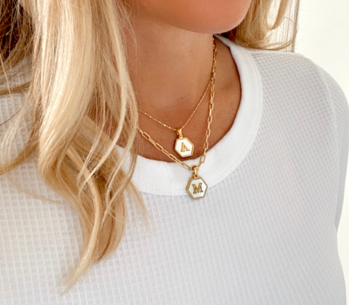 Gold Hexagon Mother of Pearl Letter Pendant Necklace - Gold Filled Chain