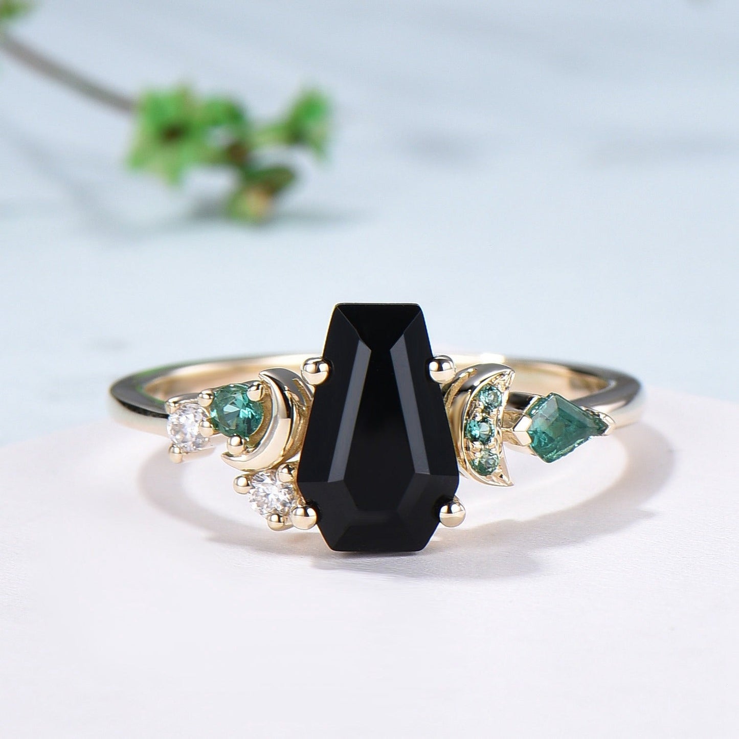 Unique Coffin cut black onyx engagement ring Art deco gothic design emerald wedding ring moon cluster ring bridal anniversary promise ring