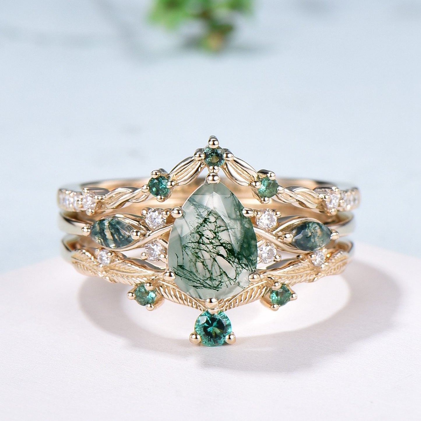 3pcs 10K Yellow Gold Moss Agate Ring Set Pear Shaped Natural Green Agate  Leaf Vine Engagement Ring Set