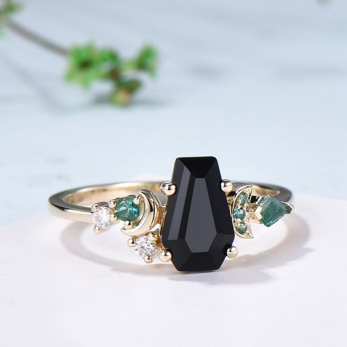 Unique Coffin cut black onyx engagement ring Art deco gothic design emerald wedding ring moon cluster ring bridal anniversary promise ring