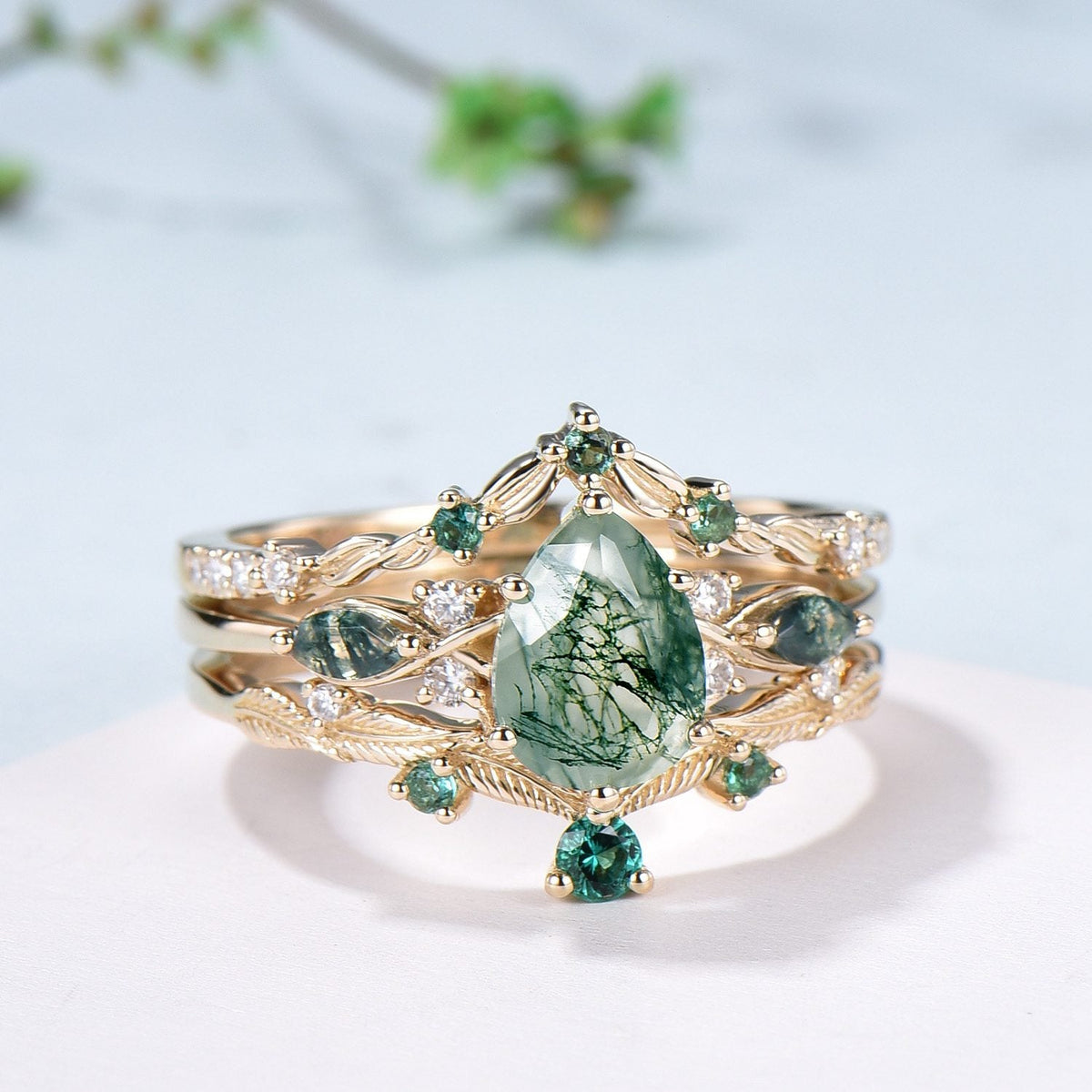 3pcs 10K Yellow Gold Moss Agate Ring Set Pear Shaped Natural Green Agate  Leaf Vine Engagement Ring Set