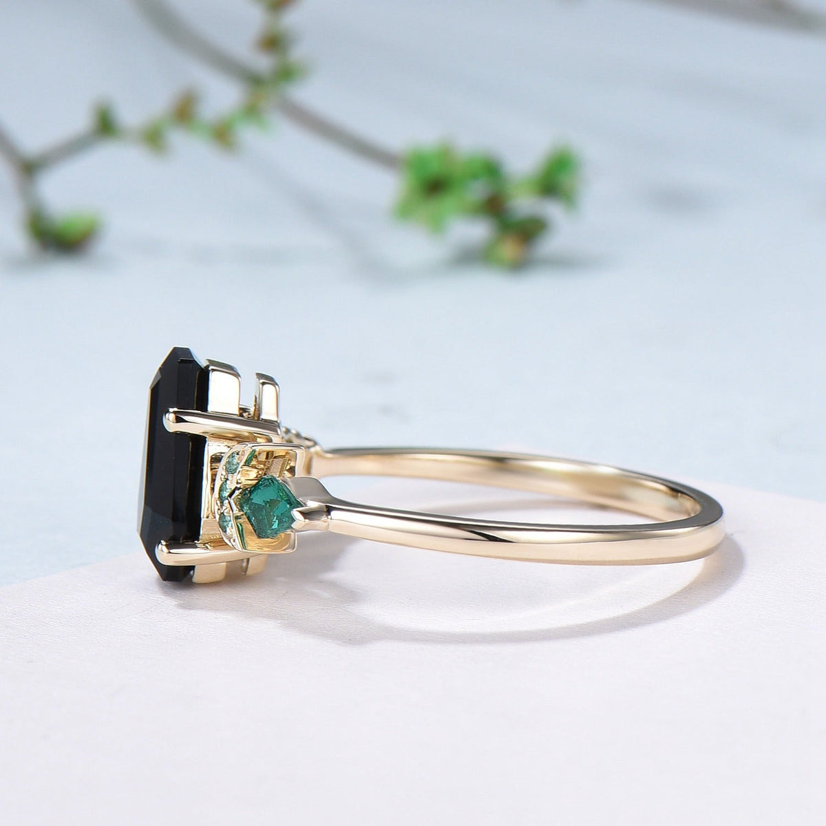 Unique Coffin cut black onyx engagement ring Art deco gothic design emerald wedding ring moon cluster ring bridal anniversary promise ring