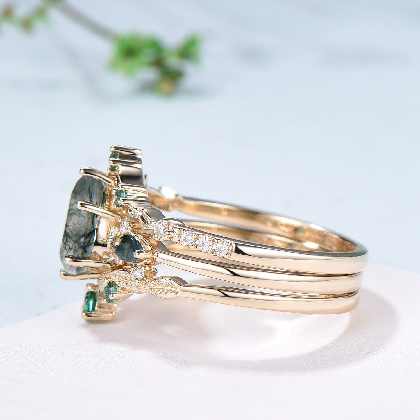 3pcs 10K Yellow Gold Moss Agate Ring Set Pear Shaped Natural Green Agate  Leaf Vine Engagement Ring Set