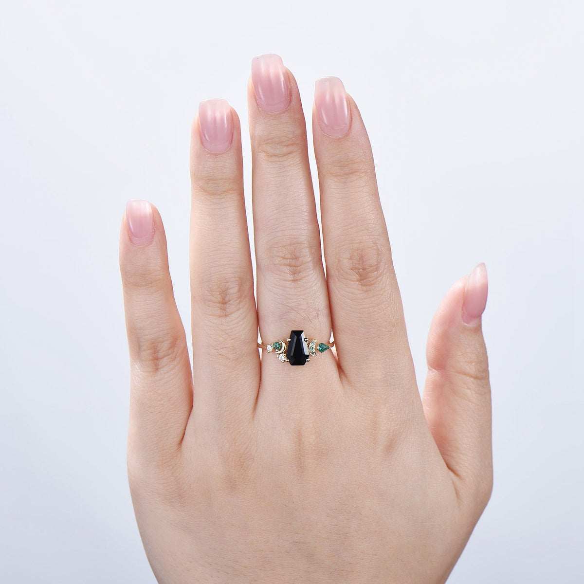 Unique Coffin cut black onyx engagement ring Art deco gothic design emerald wedding ring moon cluster ring bridal anniversary promise ring