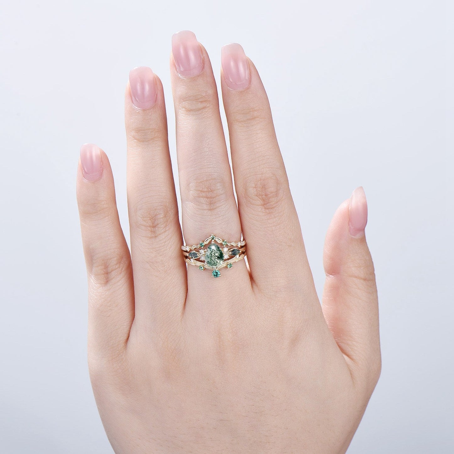 3pcs 10K Yellow Gold Moss Agate Ring Set Pear Shaped Natural Green Agate  Leaf Vine Engagement Ring Set