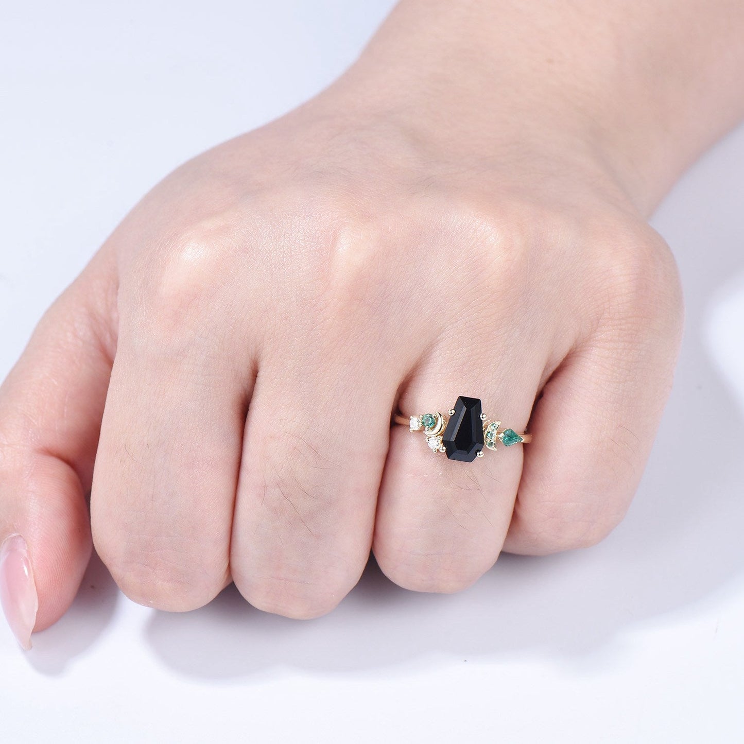 Unique Coffin cut black onyx engagement ring Art deco gothic design emerald wedding ring moon cluster ring bridal anniversary promise ring