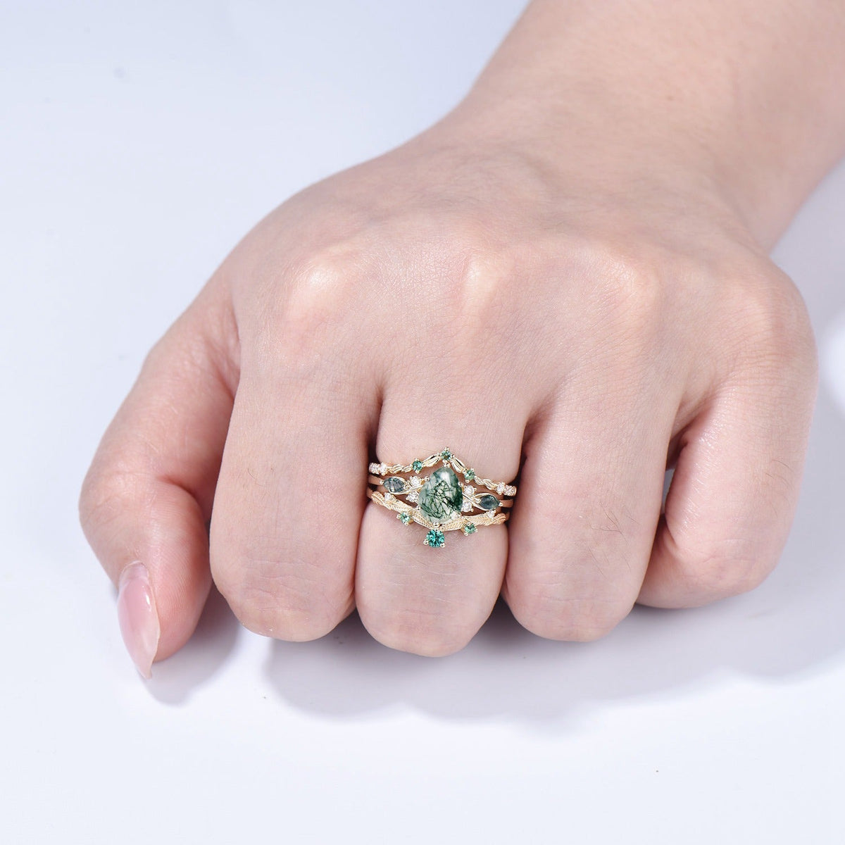 3pcs 10K Yellow Gold Moss Agate Ring Set Pear Shaped Natural Green Agate  Leaf Vine Engagement Ring Set