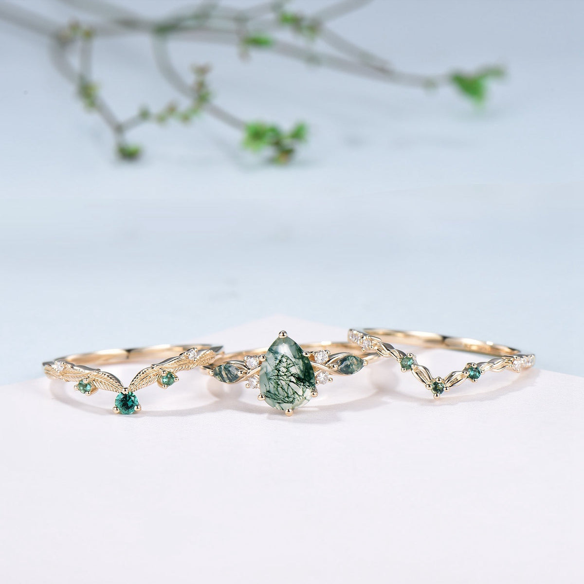 3pcs 10K Yellow Gold Moss Agate Ring Set Pear Shaped Natural Green Agate  Leaf Vine Engagement Ring Set