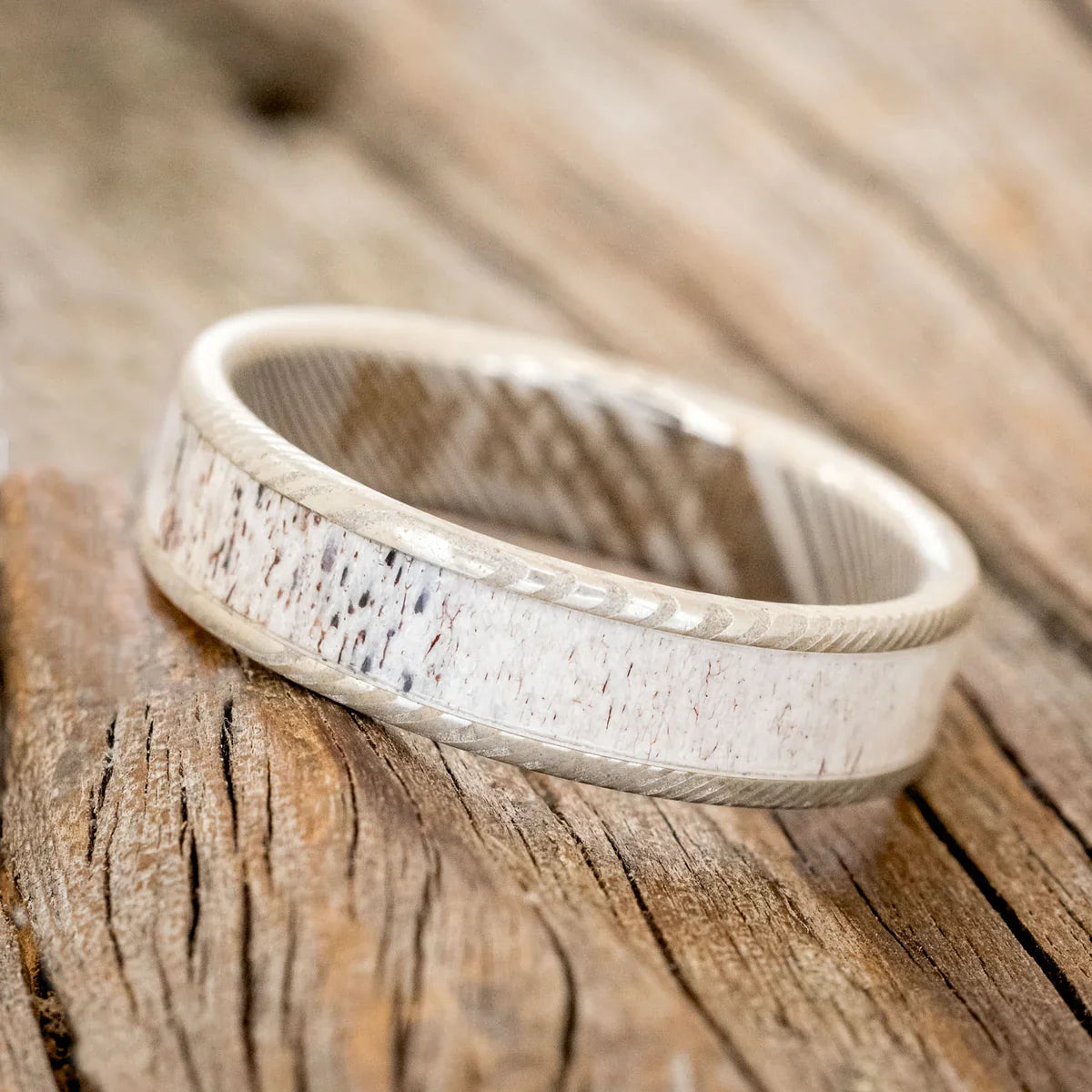 "Rainier" - Antler Wedding Band - Damascus Steel - Size 7 1/2