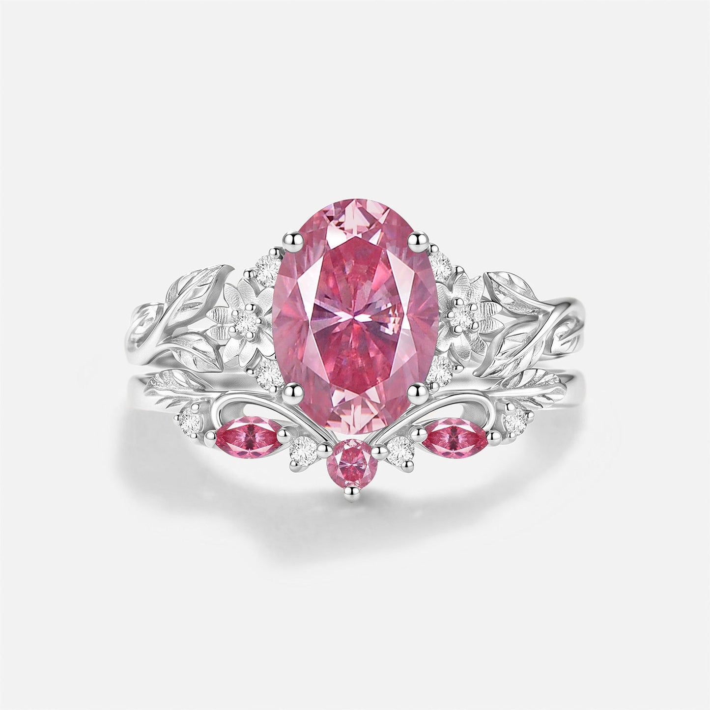 Luminous Reverie - Oval Cut Pink Moissanite Flower Unique Engagement Ring Sets 2pcs - Amaryllis