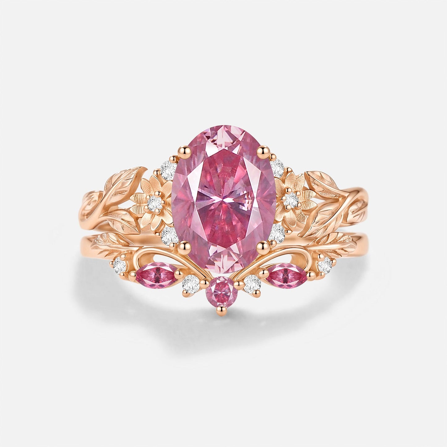 Luminous Reverie - Oval Cut Pink Moissanite Flower Unique Engagement Ring Sets 2pcs - Amaryllis