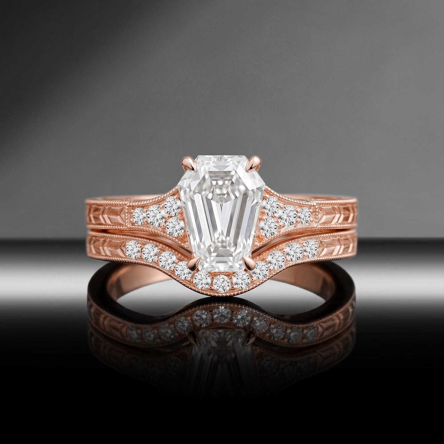 Vintage Art Deco Coffin Moissanite & Lab Diamond Milgrain Engagement Ring Set 2pcs