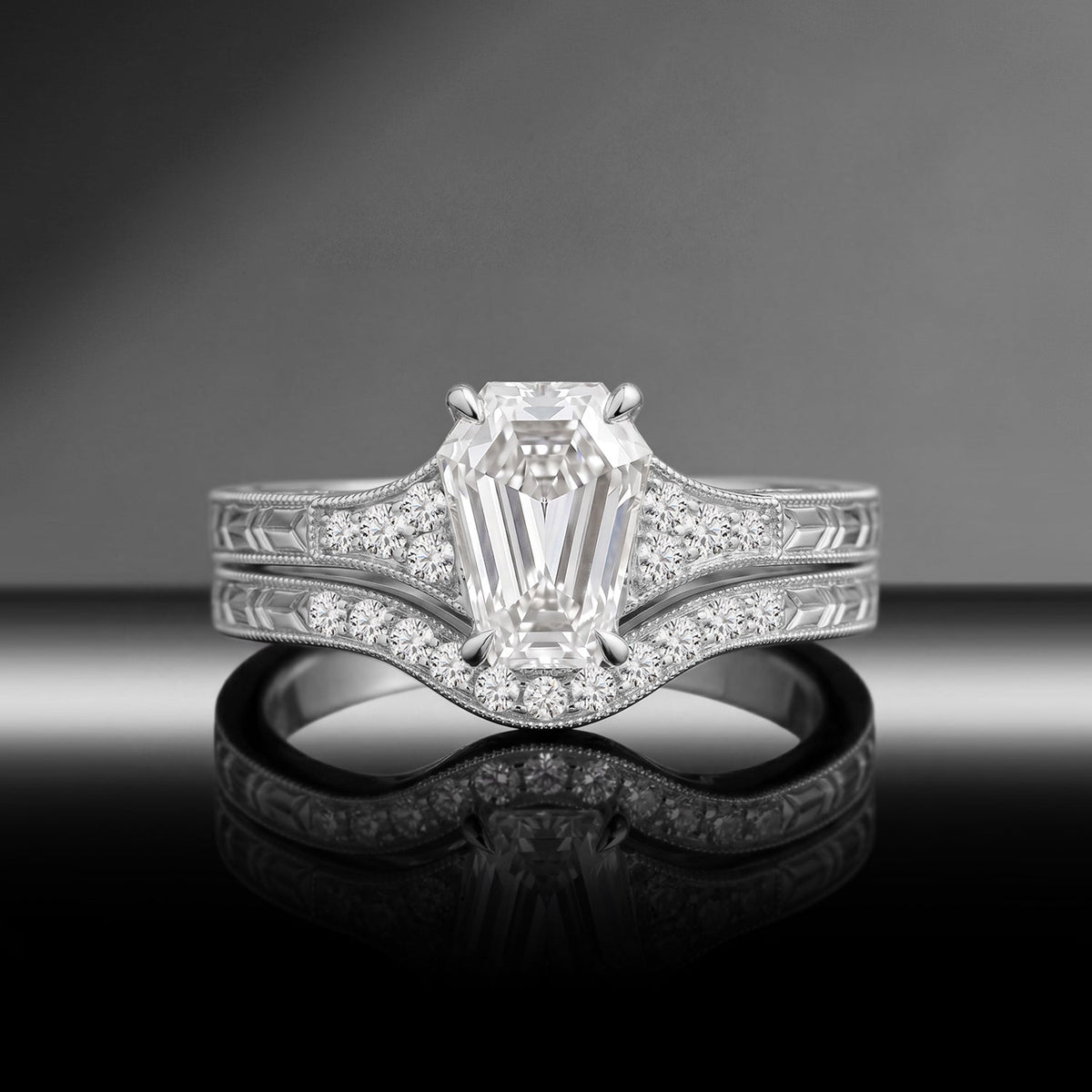 Vintage Art Deco Coffin Moissanite & Lab Diamond Milgrain Engagement Ring Set 2pcs