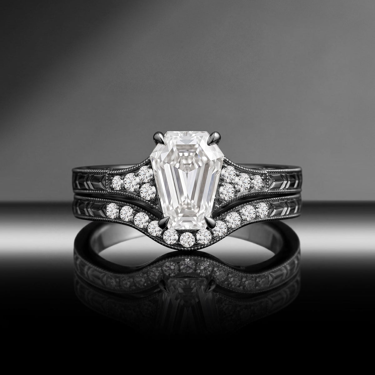 Vintage Art Deco Coffin Moissanite & Lab Diamond Milgrain Engagement Ring Set 2pcs