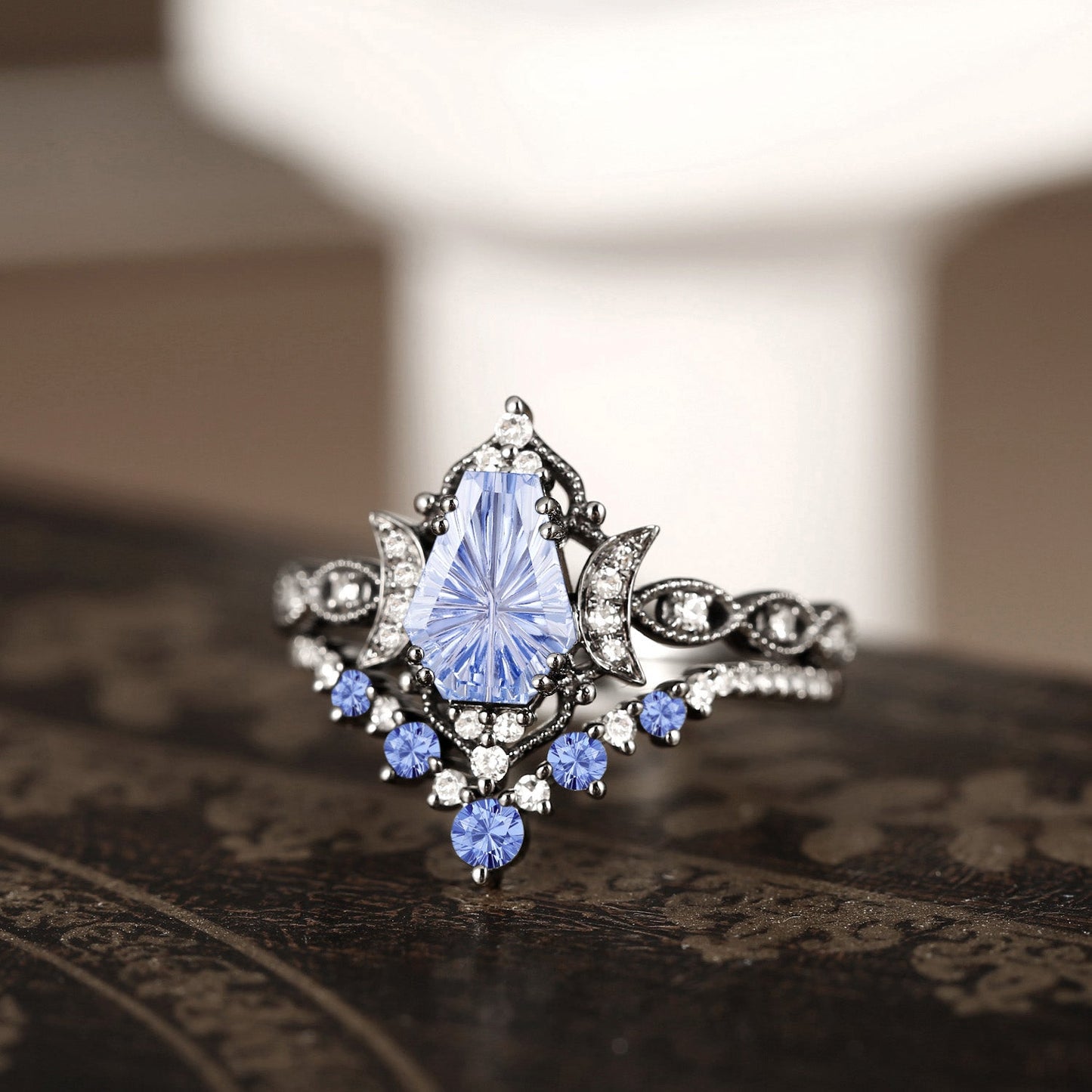 'Till Death Do Us Part' - Fantasy Cut Gems Coffin Lab Cornflower Sapphire Crescent Moon Ring Set