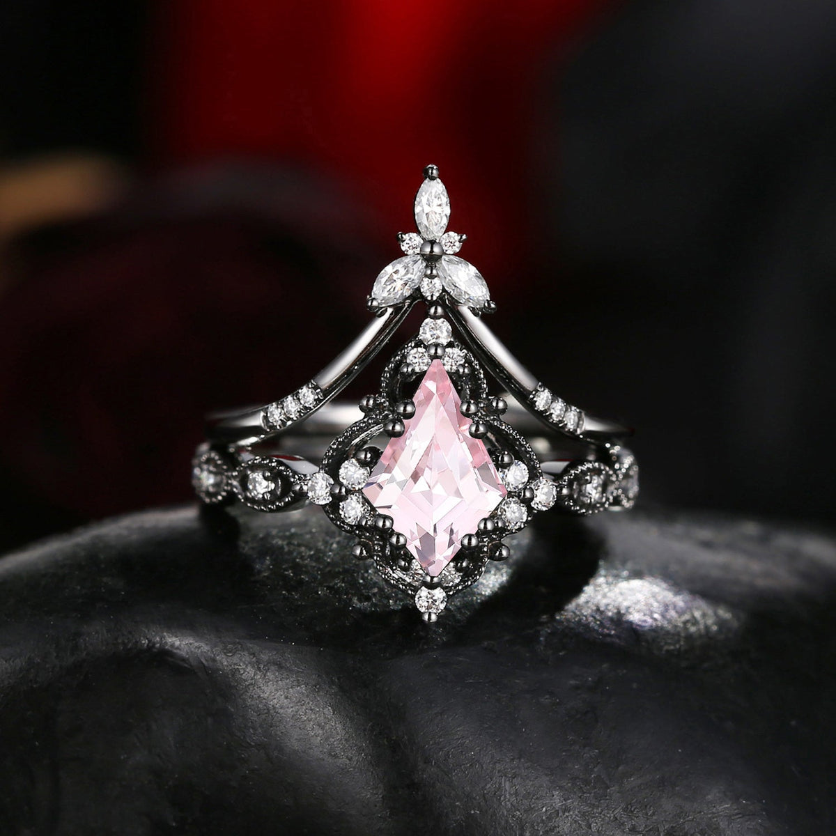 Vintage Inspired - Kite Cut Lab Pink Sapphire Milgrain Bridal Set