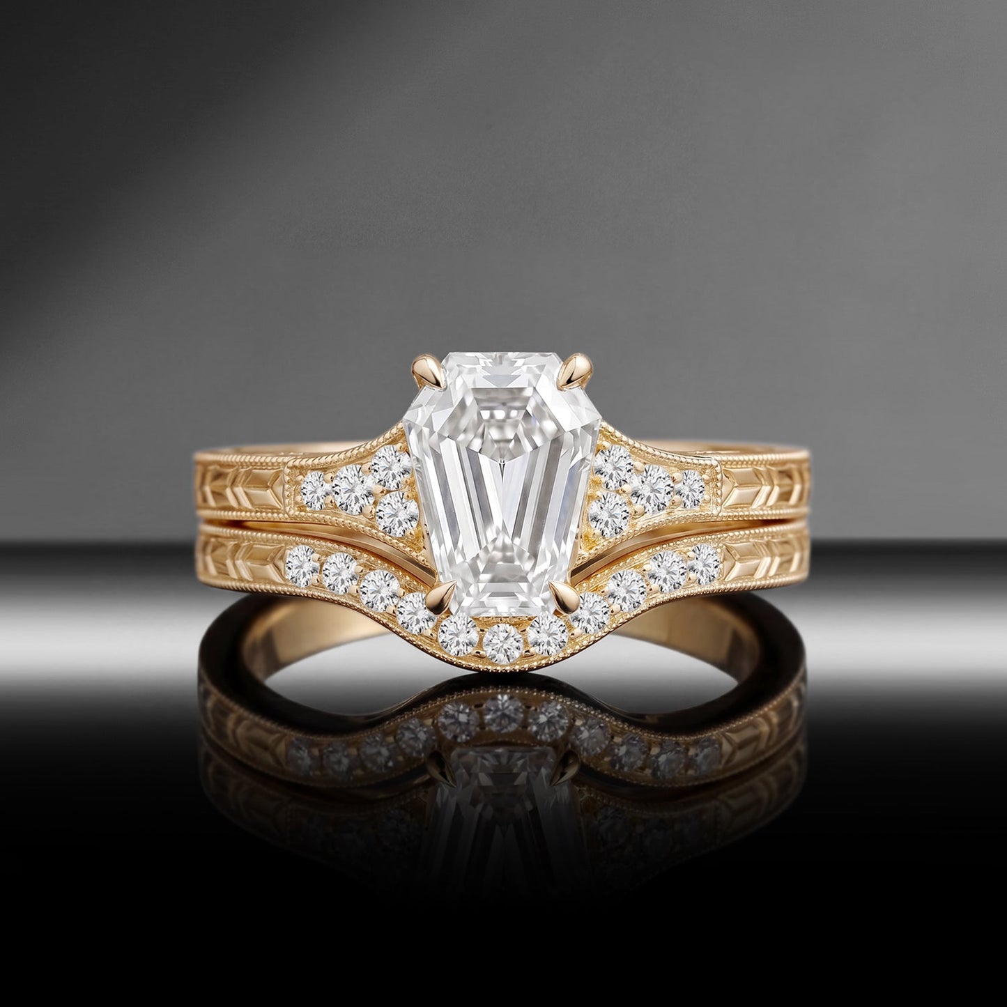 Vintage Art Deco Coffin Moissanite & Lab Diamond Milgrain Engagement Ring Set 2pcs
