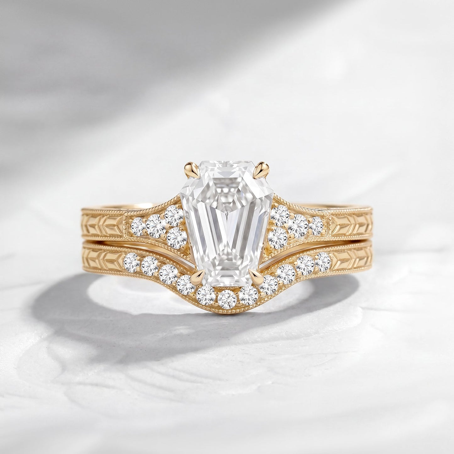 Vintage Art Deco Coffin Moissanite & Lab Diamond Milgrain Engagement Ring Set 2pcs