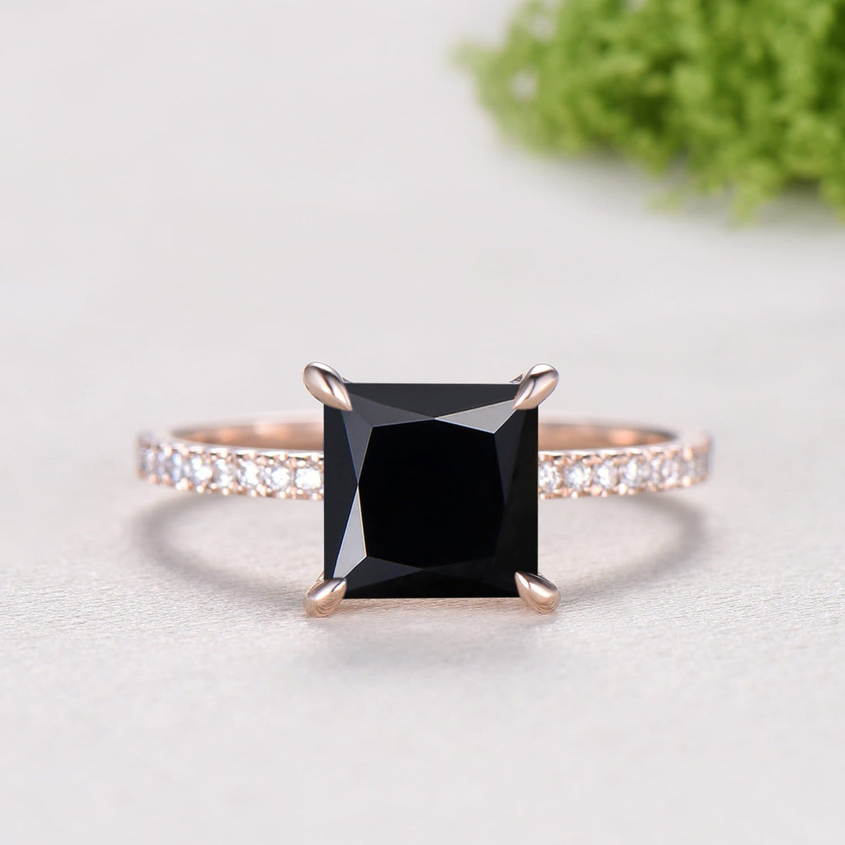 Vintage Princess Cut Natural Black Onyx Engagement Ring Set, Retro 14K Rose Gold Onyx Wedding Set, Art Deco Marquise Diamond Stacking Ring