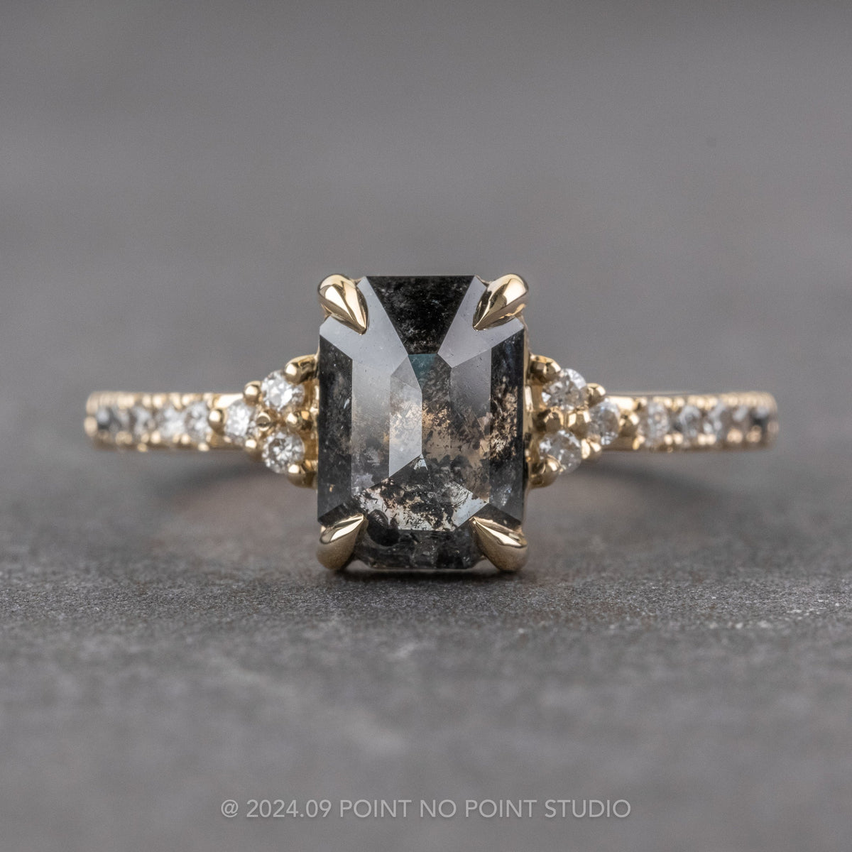 2.41 Carat Black Salt and Pepper Emerald Shaped Diamond Engagement Ring, Ombre Quincy Setting, 14K Yellow Gold