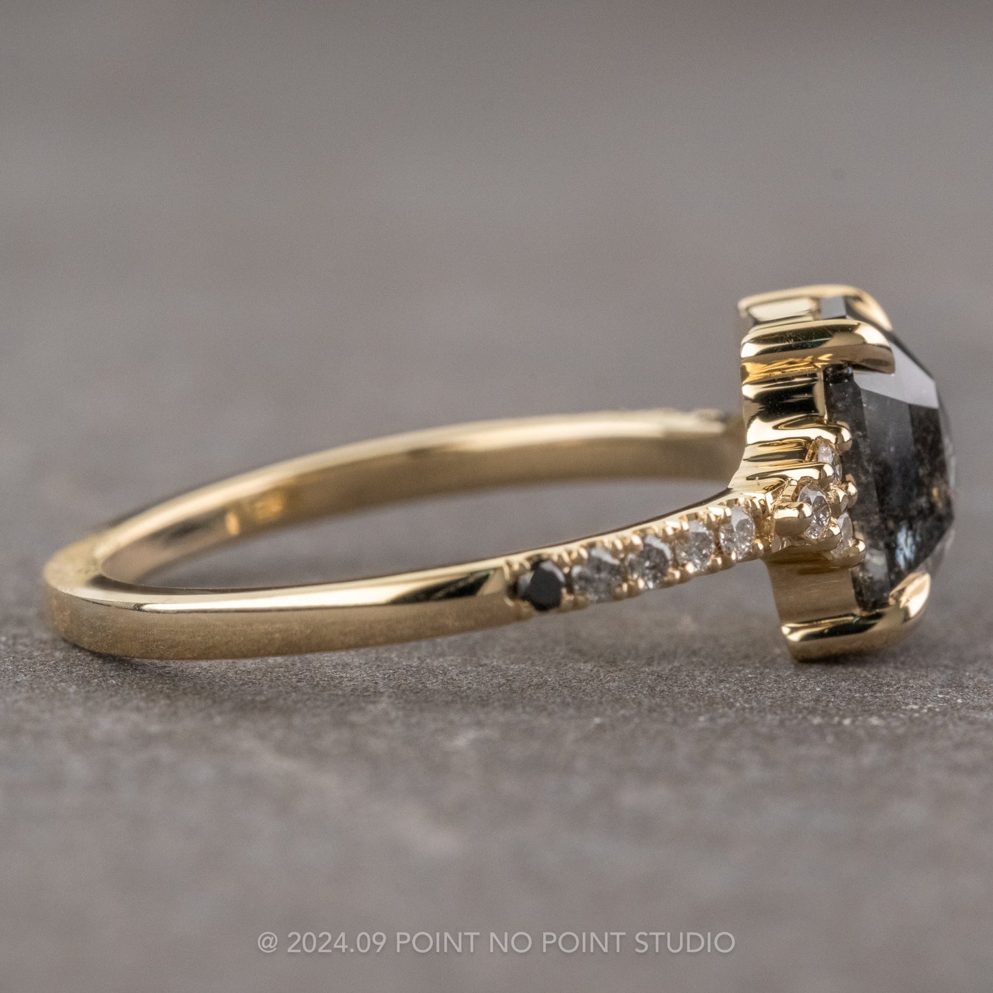 2.41 Carat Black Salt and Pepper Emerald Shaped Diamond Engagement Ring, Ombre Quincy Setting, 14K Yellow Gold