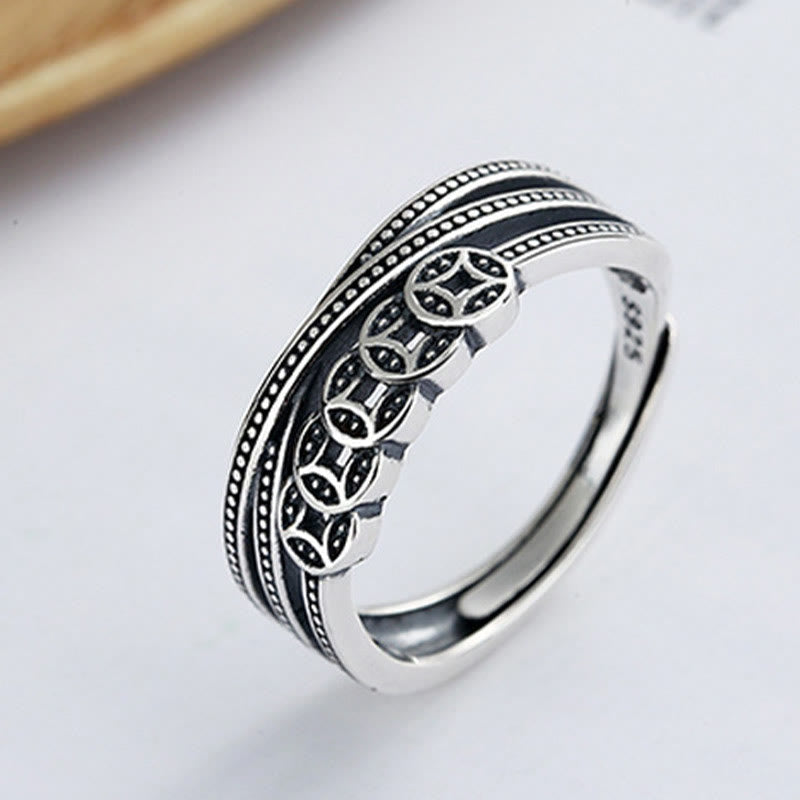 Fortune Jewel 925 Sterling Silver Copper Coins Wealth Blessing Adjustable Ring