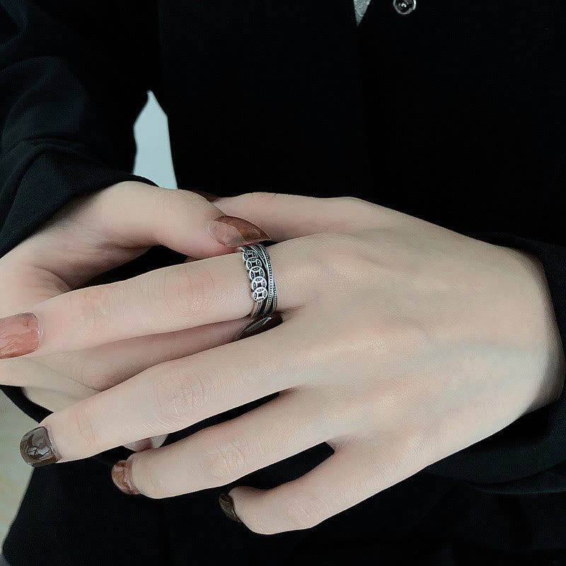 Fortune Jewel 925 Sterling Silver Copper Coins Wealth Blessing Adjustable Ring
