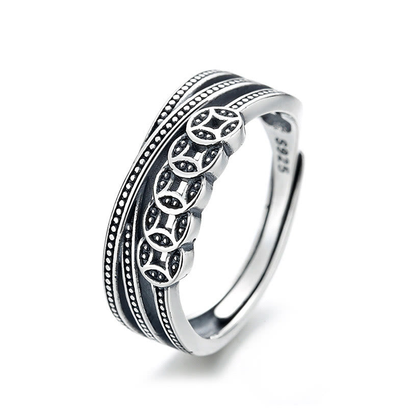 Fortune Jewel 925 Sterling Silver Copper Coins Wealth Blessing Adjustable Ring