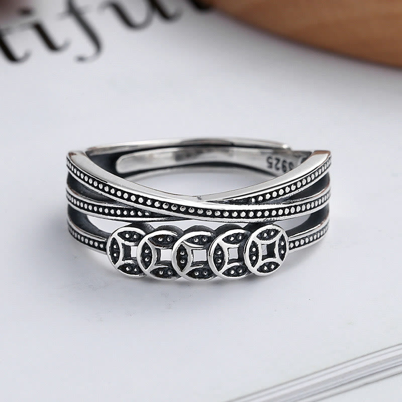 Fortune Jewel 925 Sterling Silver Copper Coins Wealth Blessing Adjustable Ring