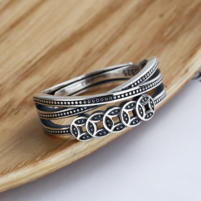 Fortune Jewel 925 Sterling Silver Copper Coins Wealth Blessing Adjustable Ring