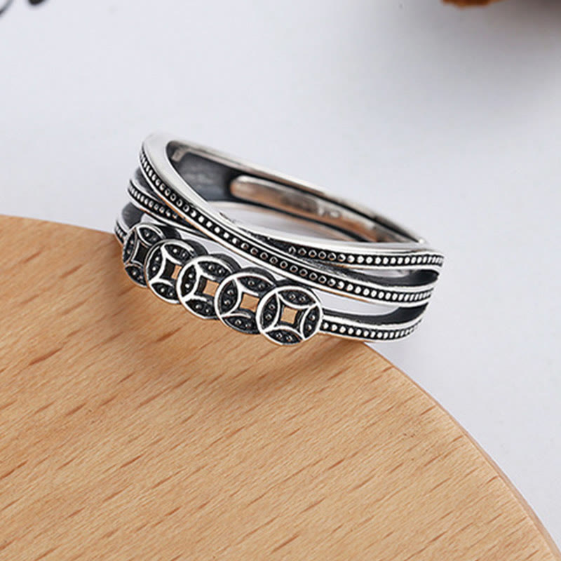 Fortune Jewel 925 Sterling Silver Copper Coins Wealth Blessing Adjustable Ring