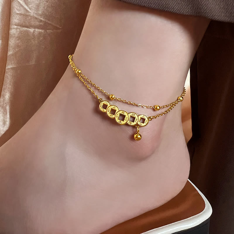 Fortune Jewel Copper Coins Attract Wealth Titanium Steel Anklet