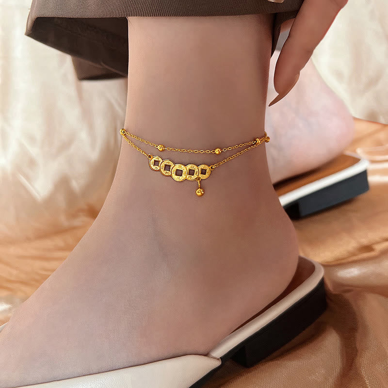 Fortune Jewel Copper Coins Attract Wealth Titanium Steel Anklet