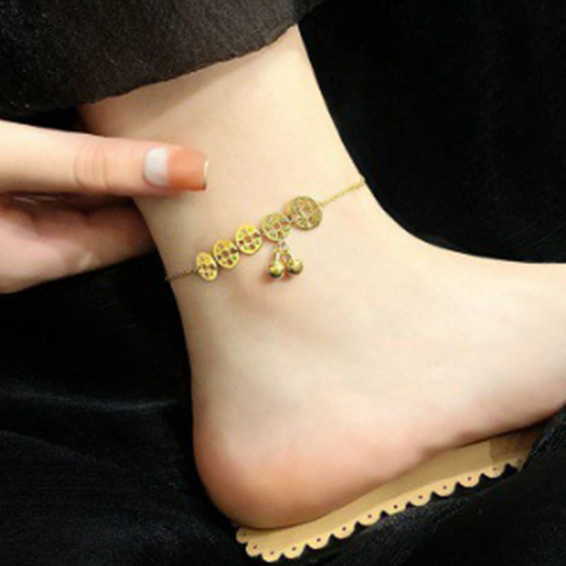 Fortune Jewel Copper Coins Bell Charm Titanium Steel Strengthen Anklet