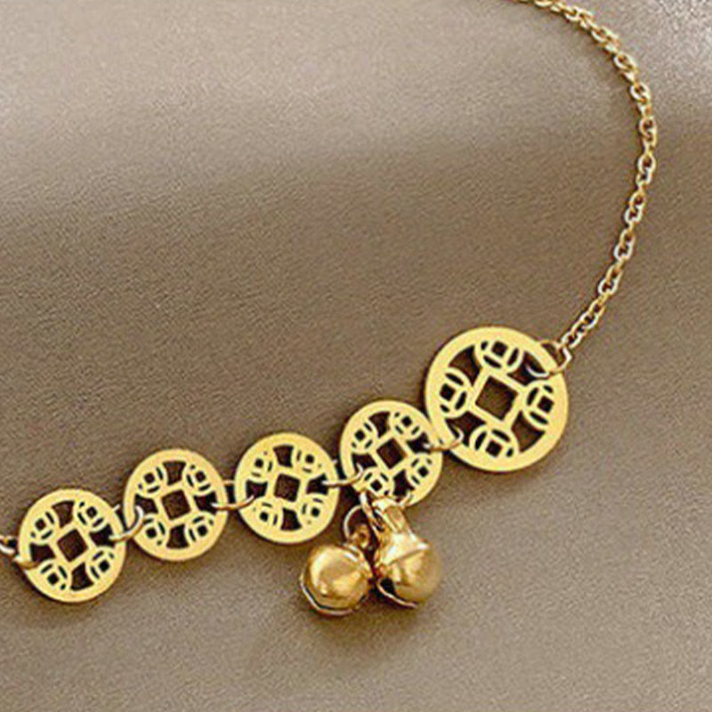 Fortune Jewel Copper Coins Bell Charm Titanium Steel Strengthen Anklet