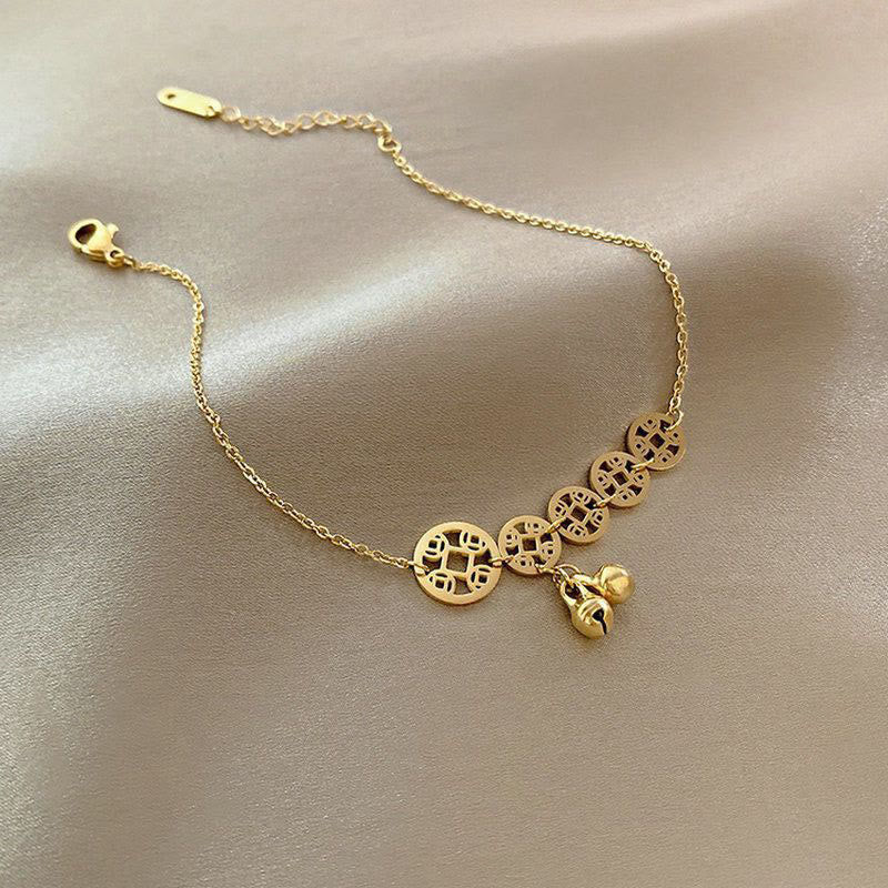 Fortune Jewel Copper Coins Bell Charm Titanium Steel Strengthen Anklet