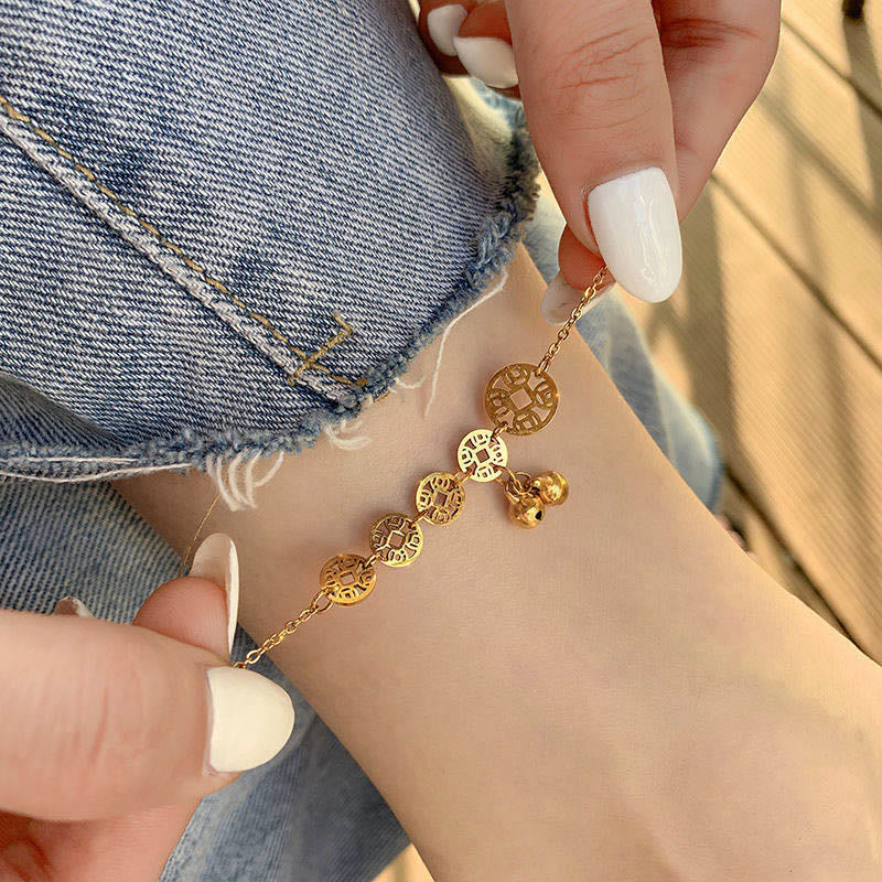 Fortune Jewel Copper Coins Bell Charm Titanium Steel Strengthen Anklet