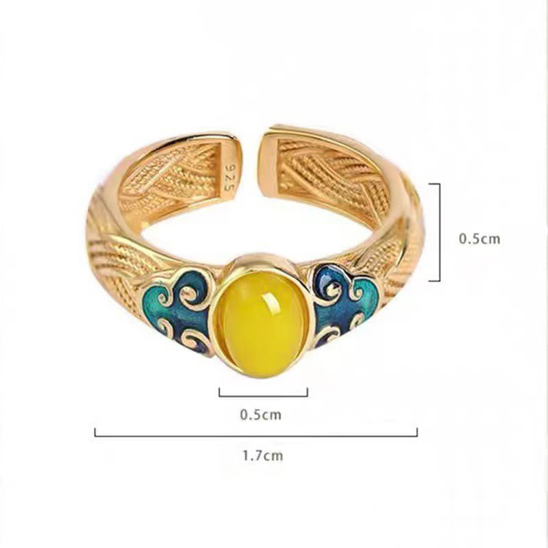Fortune Jewel Amber Copper Auspicious Clouds Focus Adjustable Ring