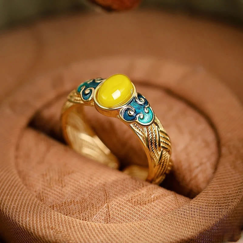 Fortune Jewel Amber Copper Auspicious Clouds Focus Adjustable Ring