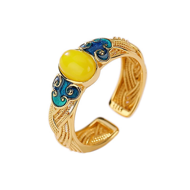 Fortune Jewel Amber Copper Auspicious Clouds Focus Adjustable Ring