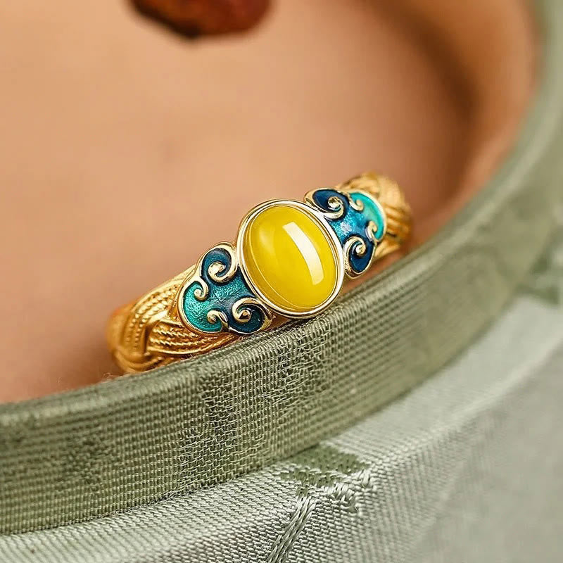 Fortune Jewel Amber Copper Auspicious Clouds Focus Adjustable Ring